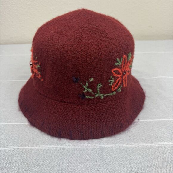 Vintage 90s Y2K Gap Wool Blend Floral Embroidered Boho Bucket Hat Maroon S/M - Picture 4 of 8